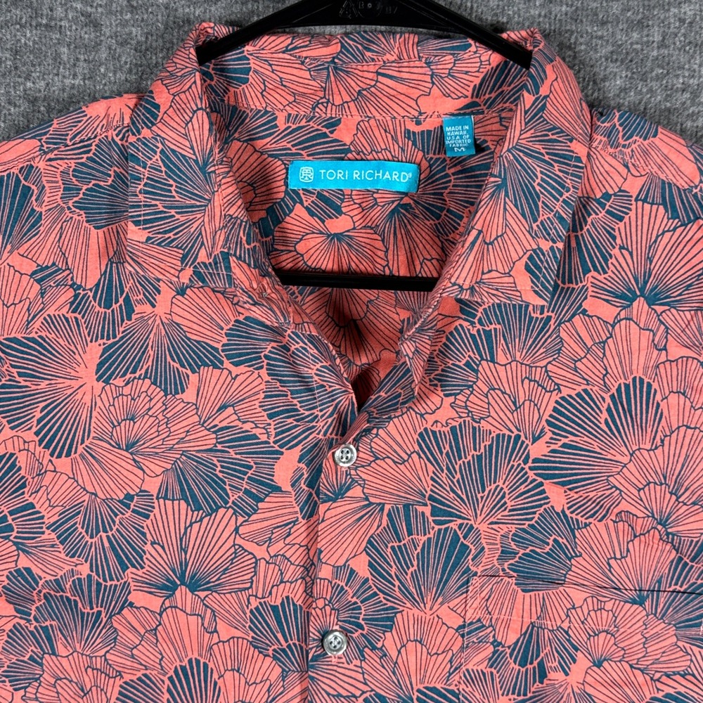 Tori Richard Hawaiian Shirt Mens Medium Orange Coral Blue Floral Cotton Lawn